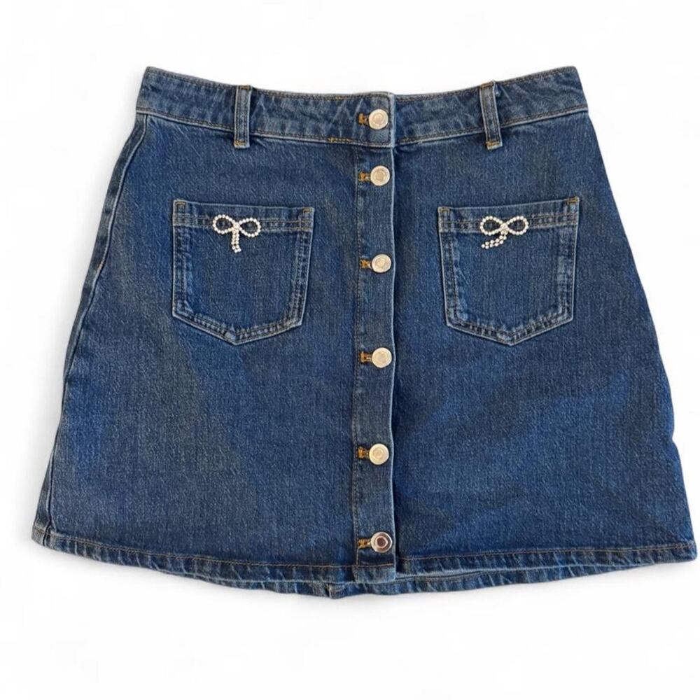 Maeve Anthropologie Denim Bow Mini Skirt Blue Size 8 – Runs Small